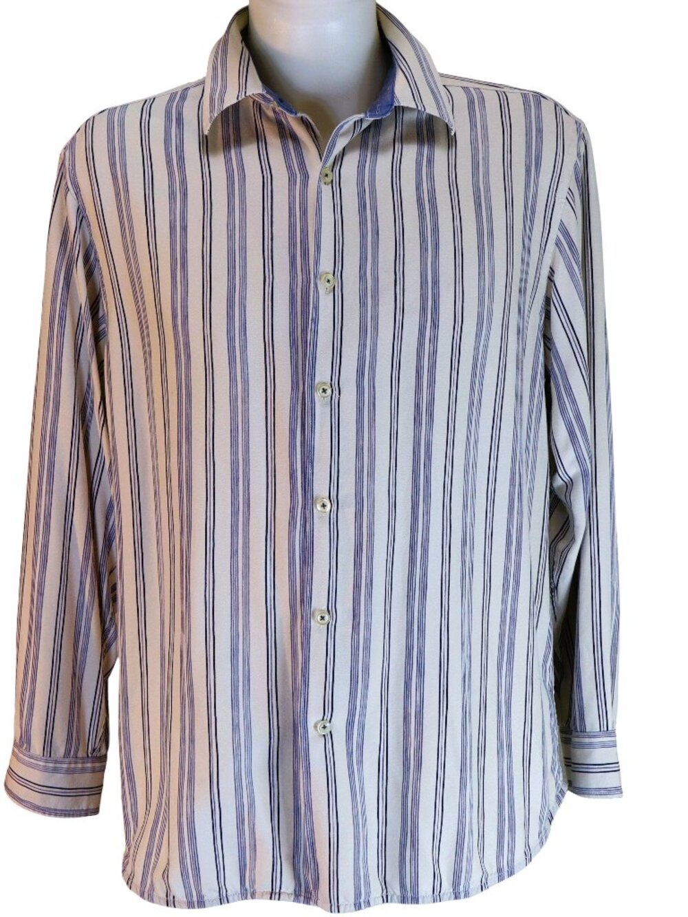 Tommy Bahama Men’s L Silk Blend Button Shirt Blue Striped Lightweight